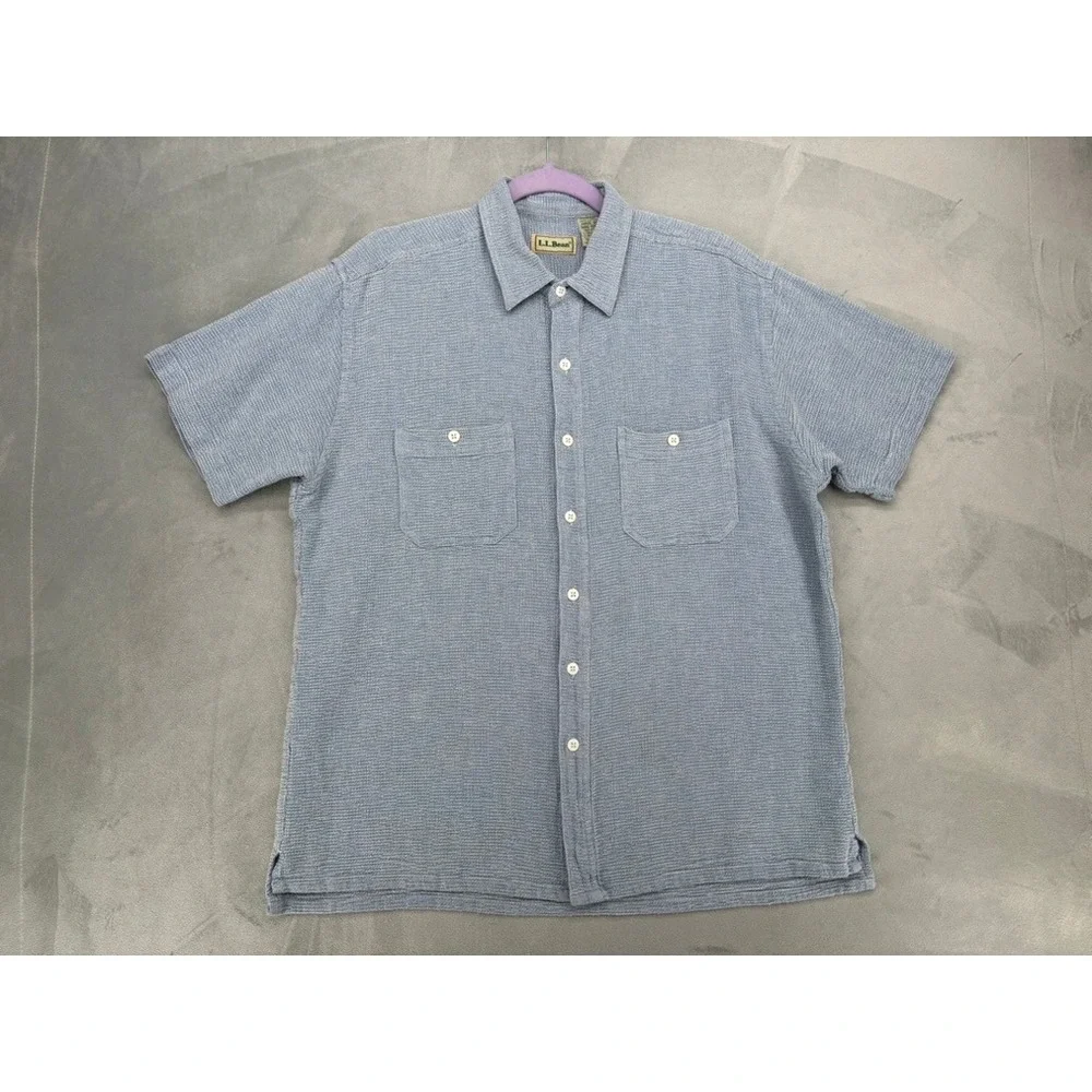 Vintage L.L. Bean Button Down Shirt Mens L Blue Textured Made in Hong Kong